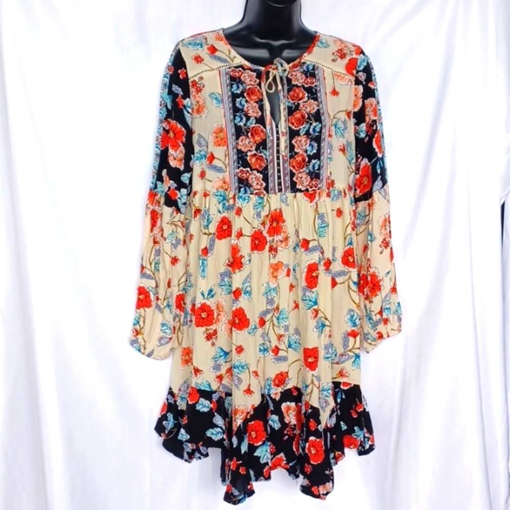 Patrons of Peace Sz M Floral Tie Neck Dress Ruffled Border Boho Cottagecore